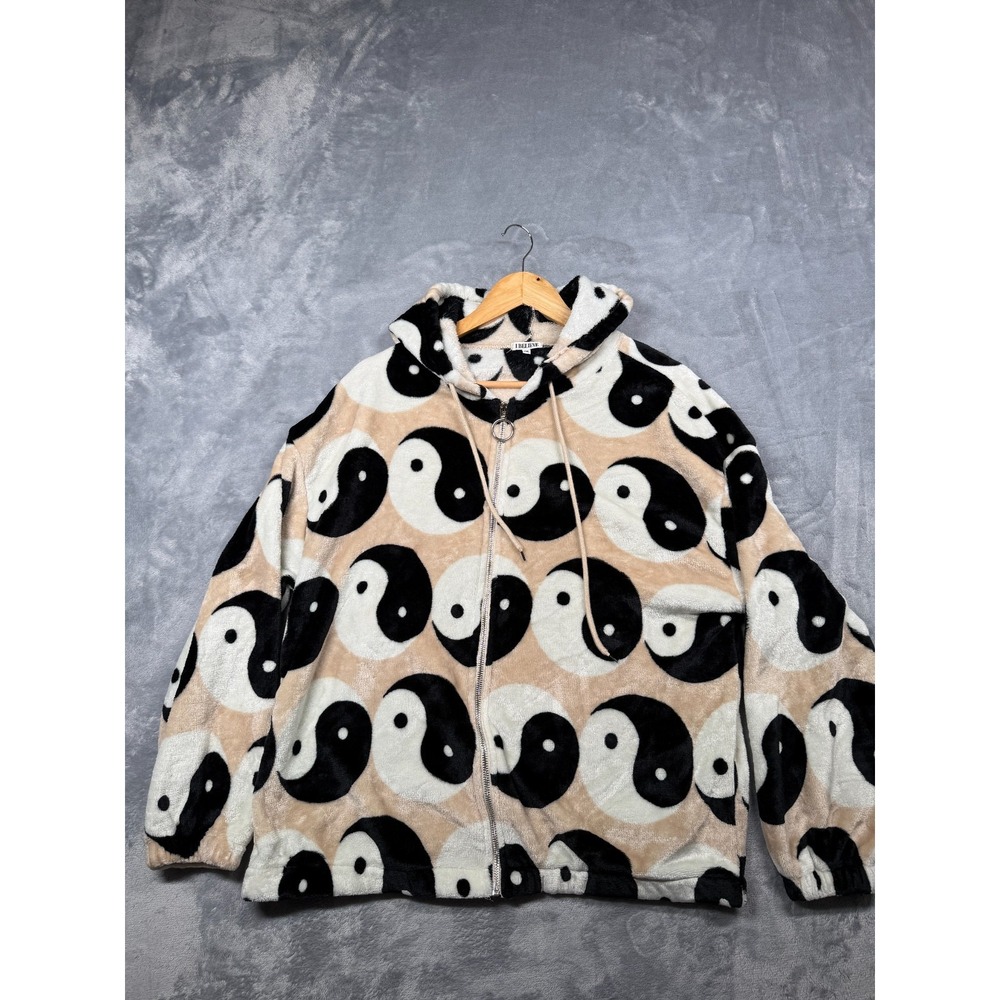 Believe Teddy Fleece Jacket Womens 2XL Beige Yin-Yang Pattern Oversized Full Zip